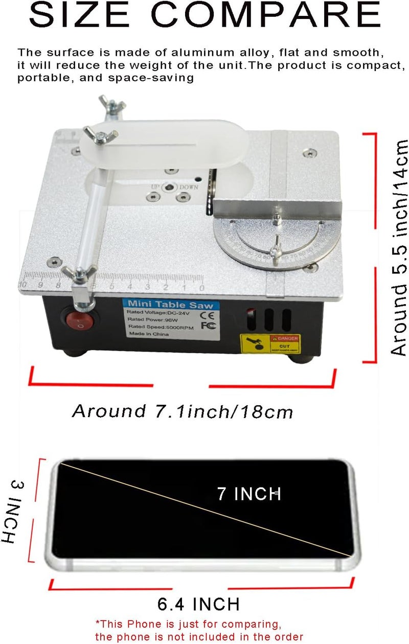 RTOVZON Mini Table Saw, 96W Mini Desktop Electric Saw Cutter 7.1"x5.5", Cut Thickness Adjustable Precision Craft Table Saw with Speed & Angle Adjust 4* Blades, Available for Wood/PCB/Acrylic/Plastic - Image 2